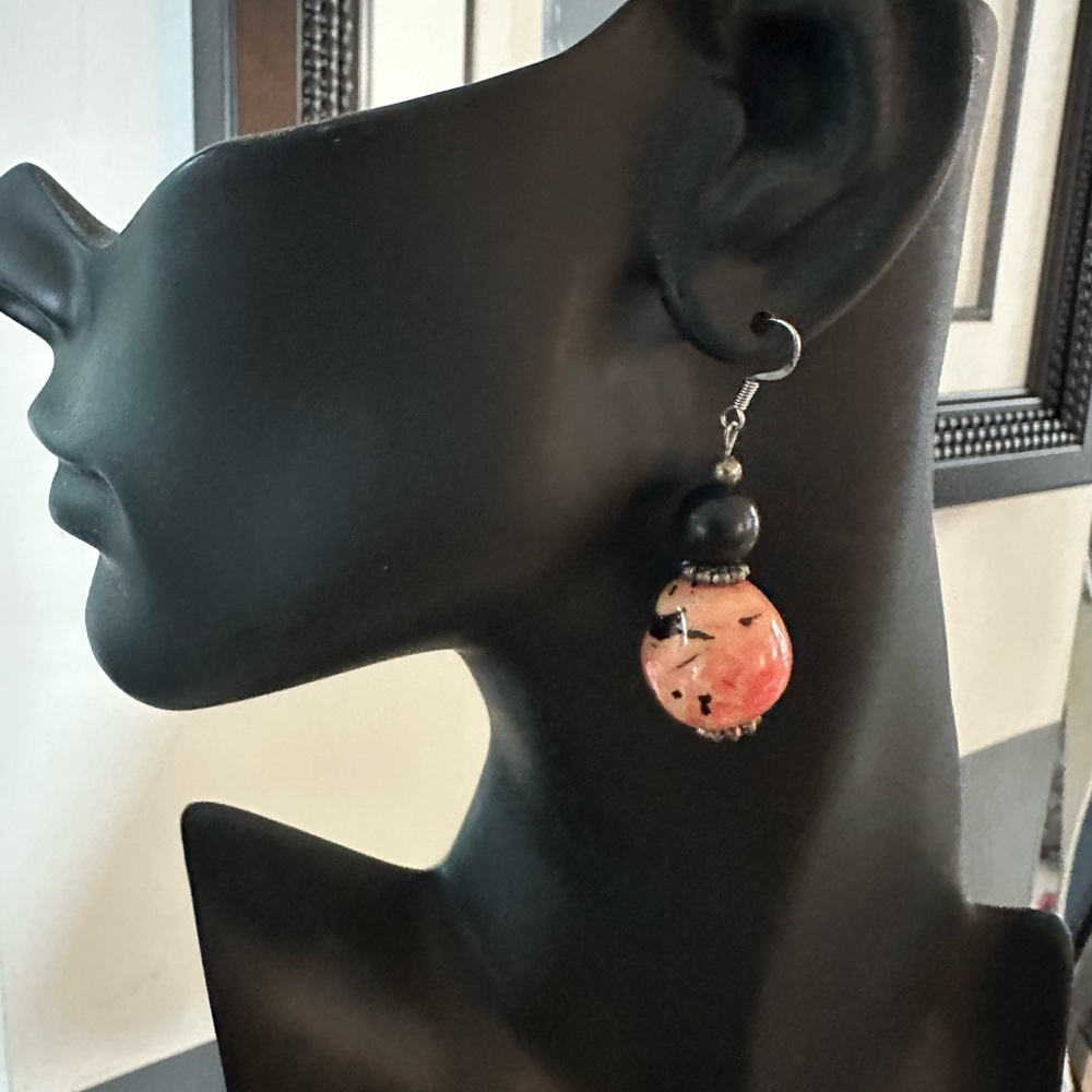 Black with Pink and Tan Earrings